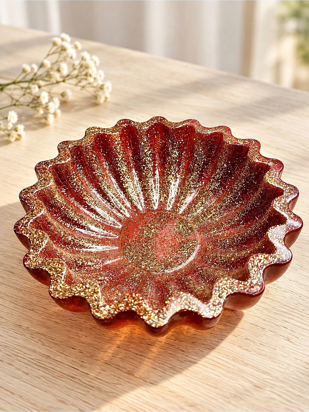 Red & Gold Glitter Scalloped resin Dish